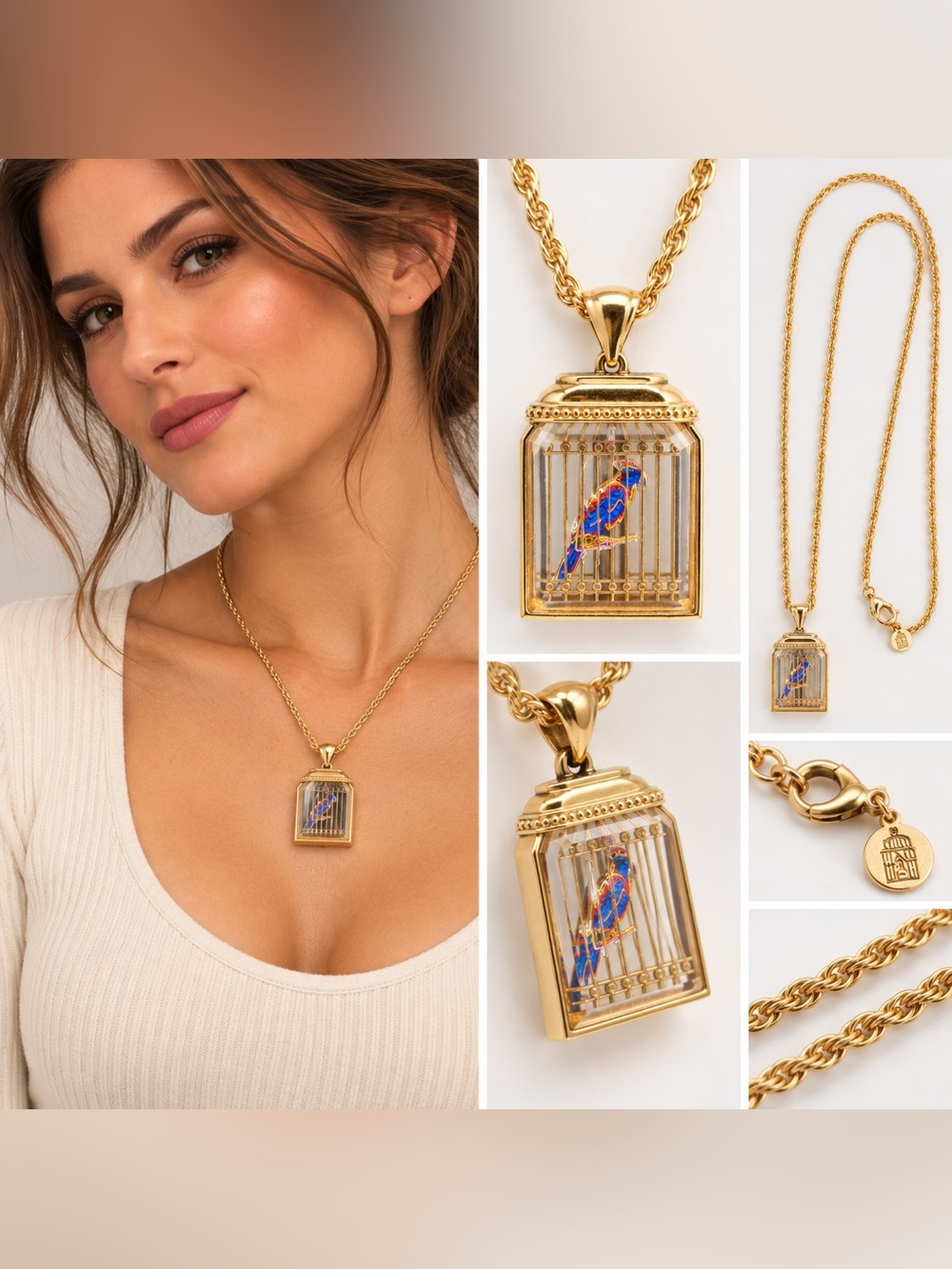 Gold Tone 30" Bird Cage Parrot Pendant Long Necklace Statement Jewelry